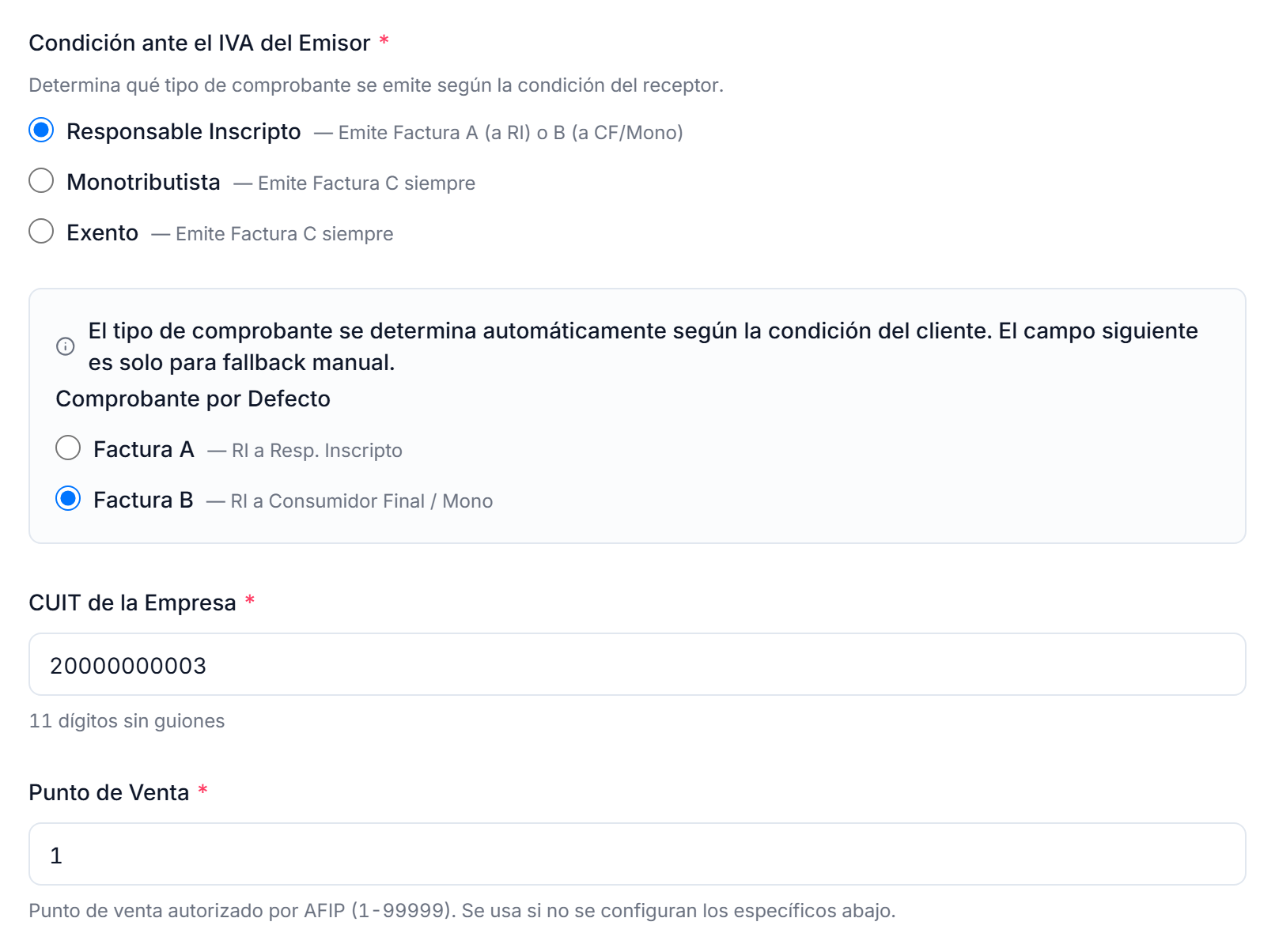 Campos de condición ante el IVA, CUIT de la empresa y punto de venta en la configuración fiscal de Abonapp