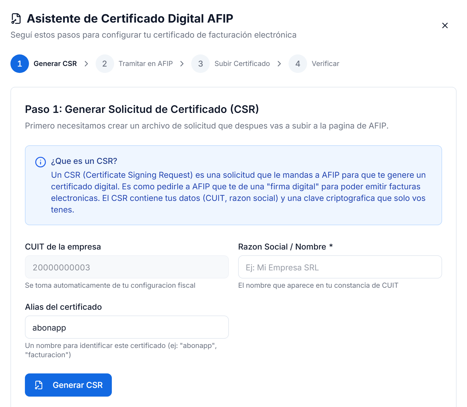 Paso 1 del asistente: generar la solicitud de certificado con CUIT, razón social y alias