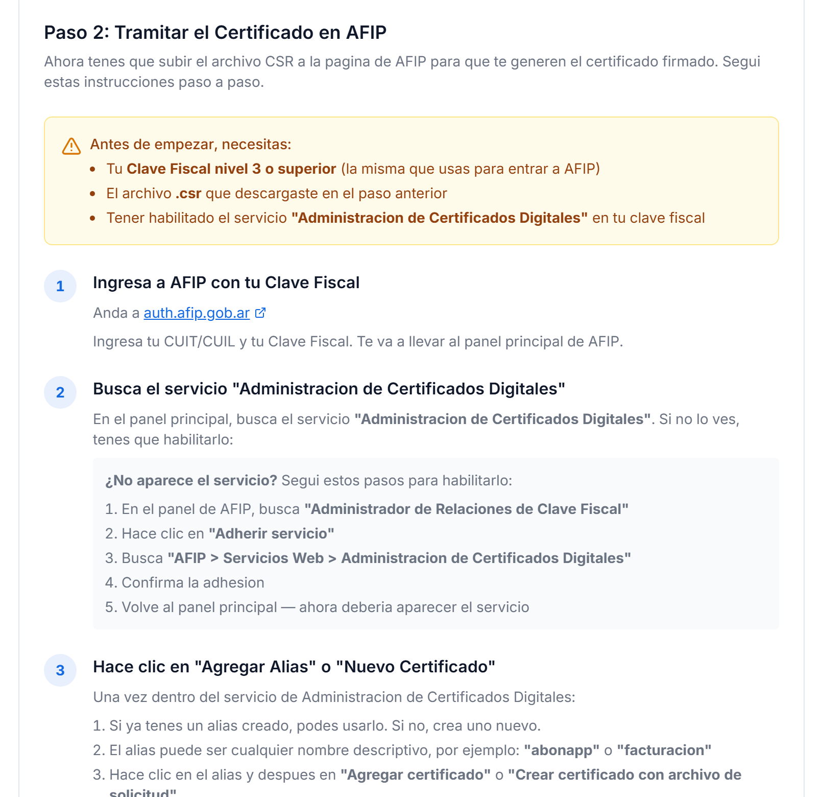 Paso 2 del asistente con los requisitos y las instrucciones numeradas para el trámite en AFIP