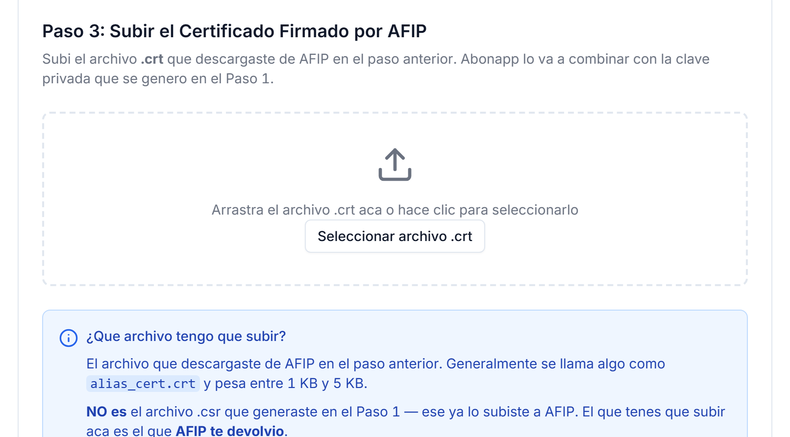 Paso 3 del asistente: zona para seleccionar y subir el archivo .crt firmado por AFIP