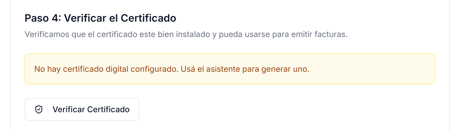 Paso 4 del asistente con el botón Verificar Certificado