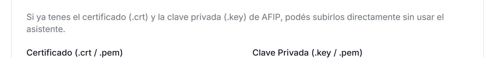 Panel para subir un certificado .crt y una clave privada .key existentes