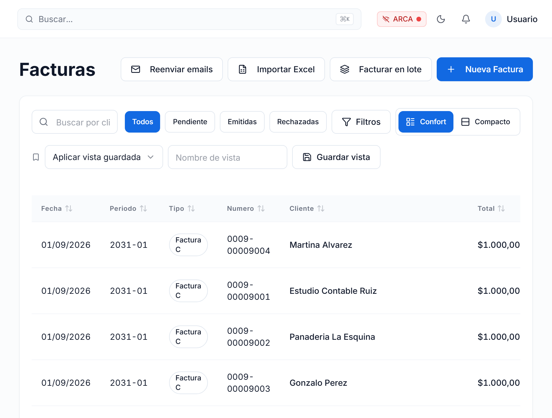 Pantalla de facturas de Abonapp con el botón Nueva Factura y el listado de comprobantes emitidos