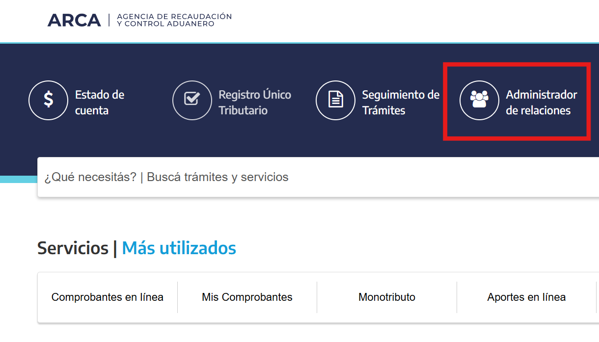Inicio de ARCA con el acceso a Administrador de relaciones marcado