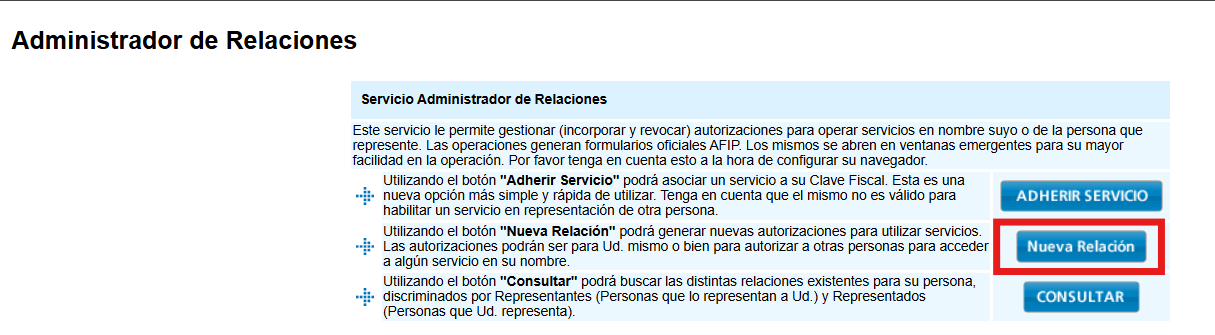 Pantalla del Administrador de Relaciones con el botón Nueva Relación marcado