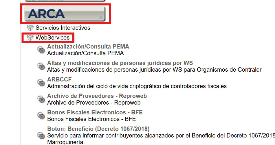 Árbol de servicios con ARCA y WebServices marcados