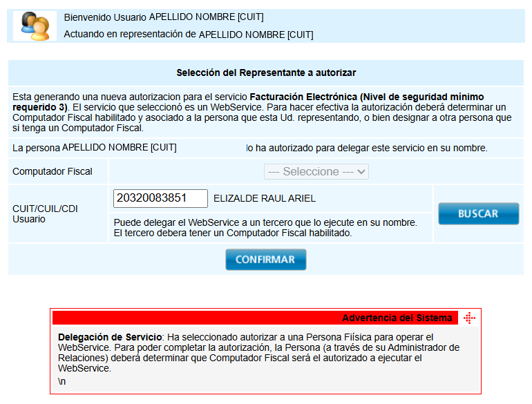 Selección del representante con el CUIT de Abonapp cargado y la advertencia del sistema sobre autorizar a una persona física