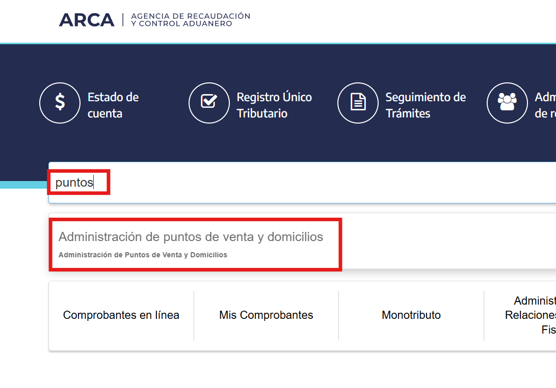 Buscador de ARCA con la palabra puntos y el resultado Administración de puntos de venta y domicilios marcado