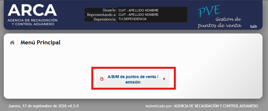 Menú principal de gestión de puntos de venta con la opción A/B/M de puntos de venta marcada