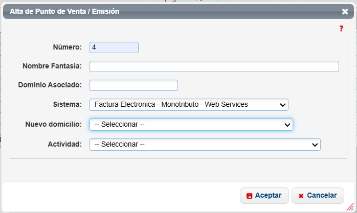 Formulario Alta de Punto de Venta con el número asignado y el sistema Factura Electronica - Monotributo - Web Services elegido
